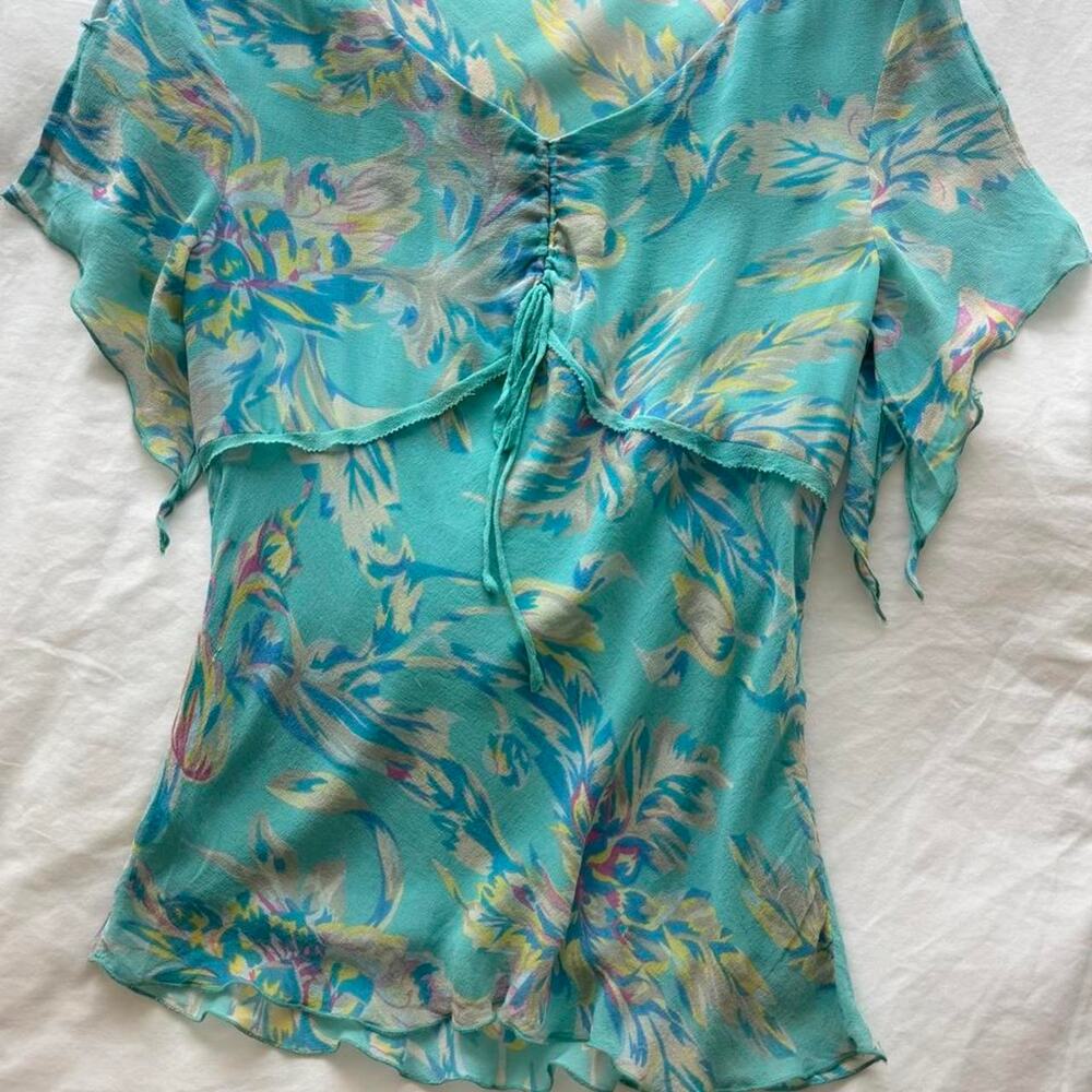 Y2k teal floral blouse with tie - Picture 2 of 3